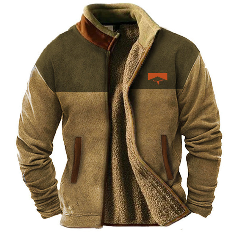 Men's fleece jacket with geometric patterned sleeves, stand collar and zip front