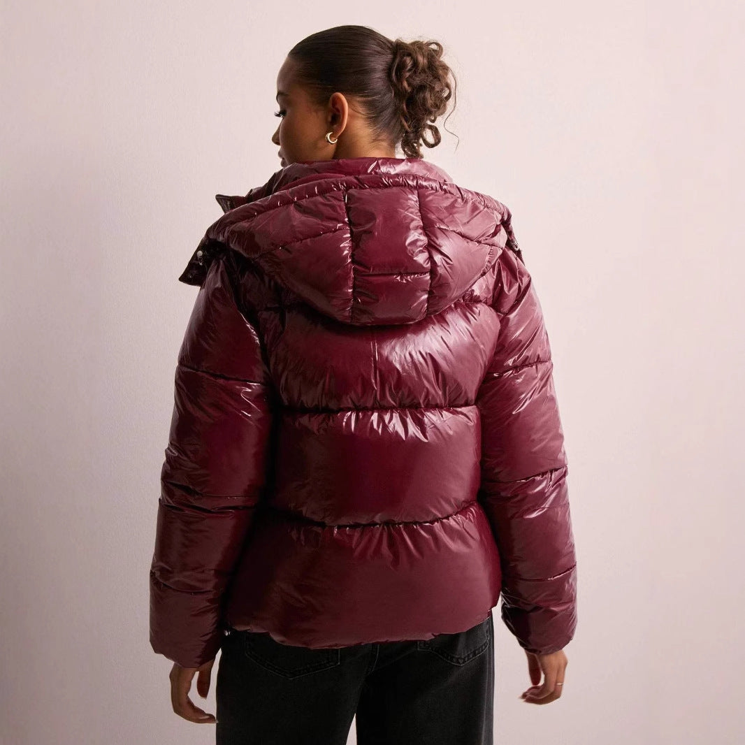 Women's glossy quilted puffer jacket with removable hood