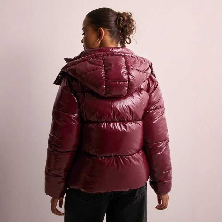 Women's glossy quilted puffer jacket with removable hood