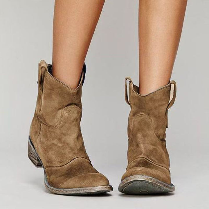 Women's suede western ankle boots with pull-on tabs and low heels