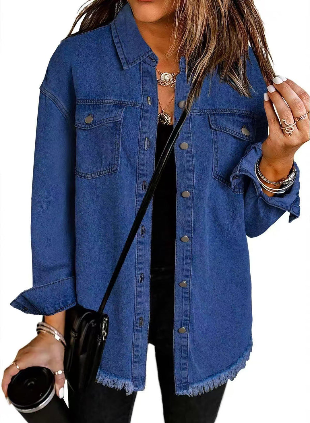 Women's denim jacket with chest pockets and frayed hem
