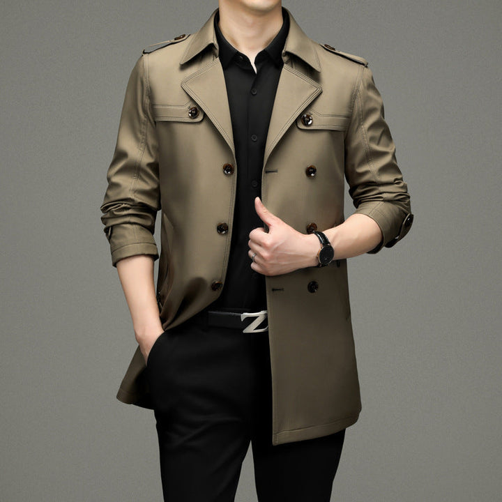 Men's double-breasted trench coat with notched collar, shoulder tabs and flap pockets