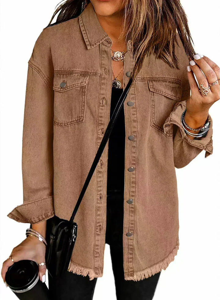 Women's denim jacket with chest pockets and frayed hem