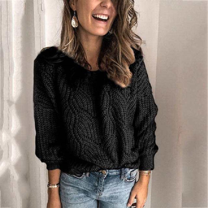 Women's openwork knit sweater with round neck and dropped shoulders