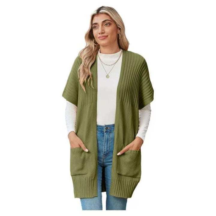 Women's open-front knit cardigan with short sleeves and pockets