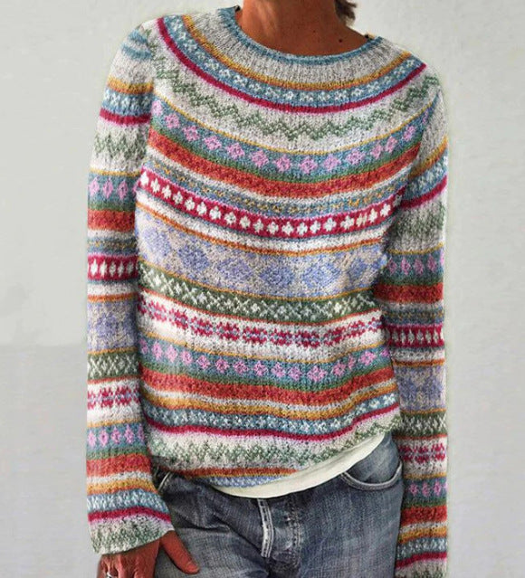 Women's multicoloured striped crew neck jumper with long sleeves and ribbed trims