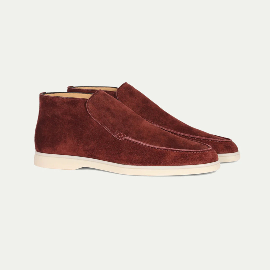 Taupe suede loafer boot with cream rubber sole, slip-on design