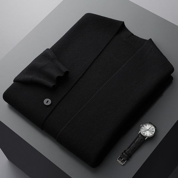 Men's button cardigan with contrasting striped sleeves and front pockets
