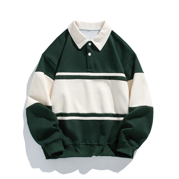 Men's long-sleeve colour-block polo sweatshirt with contrast collar and ribbed trims