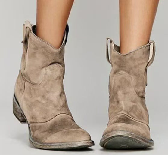 Women's suede western ankle boots with pull-on tabs and low heels