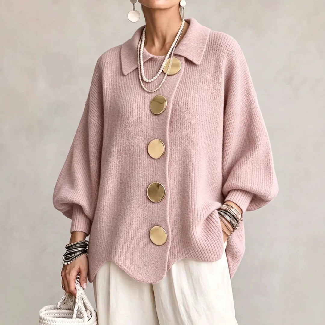 Women's oversized ribbed knit cardigan with collar, large buttons and long sleeves