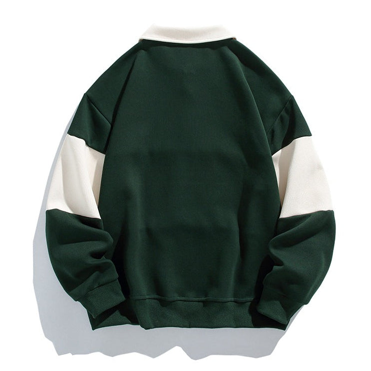Men's long-sleeve colour-block polo sweatshirt with contrast collar and ribbed trims