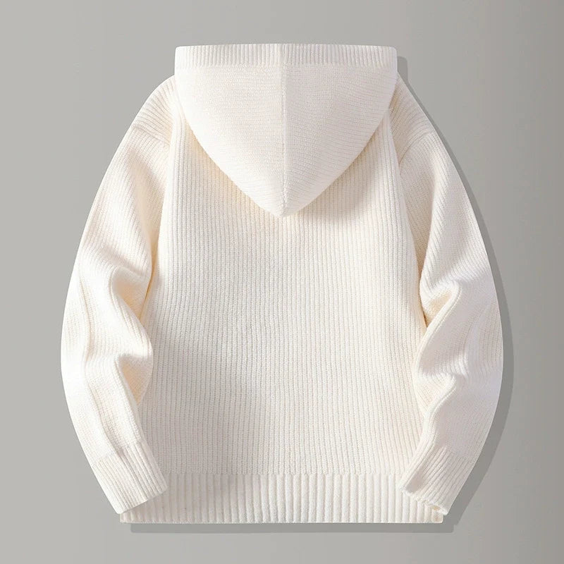 Hooded knit cardigan with button front and patch pockets