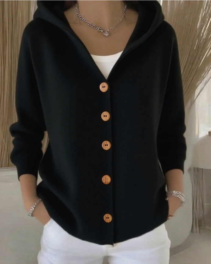 Women's hooded button cardigan with long sleeves and contrast buttons