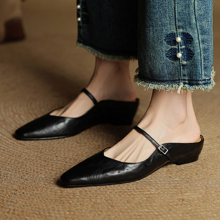 Women's pointed Mary Jane mule loafers with buckle strap