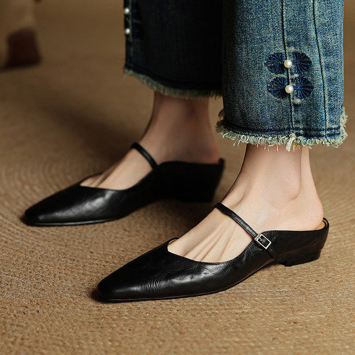 Women's pointed Mary Jane mule loafers with buckle strap