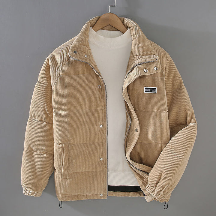 Men's padded corduroy jacket with stand collar and long sleeves