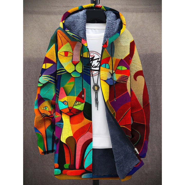 Women's hooded cardigan with colourful abstract cat and geometric art print