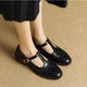 Women's Leather T-Strap Mary Jane Shoes Low Block Heel
