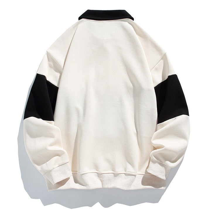 Men's long-sleeve colour-block polo sweatshirt with contrast collar and ribbed trims