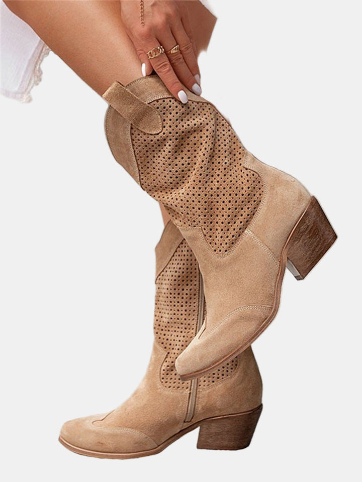 Perforated women's ankle boots with pointed toes and block heels