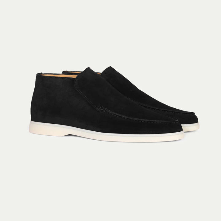Taupe suede loafer boot with cream rubber sole, slip-on design