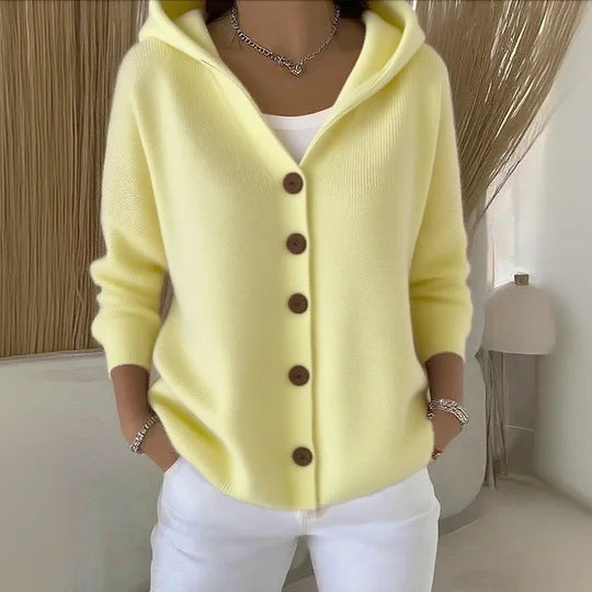 Women's hooded button cardigan with long sleeves and contrast buttons
