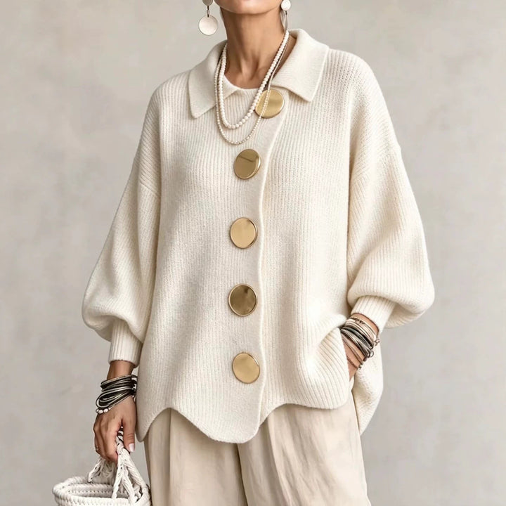 Women's oversized ribbed knit cardigan with collar, large buttons and long sleeves
