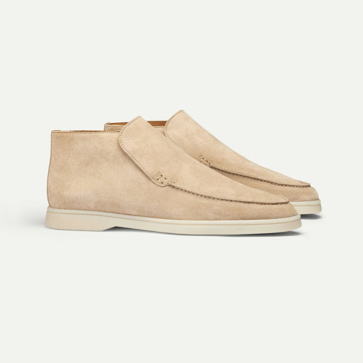 Taupe suede loafer boot with cream rubber sole, slip-on design