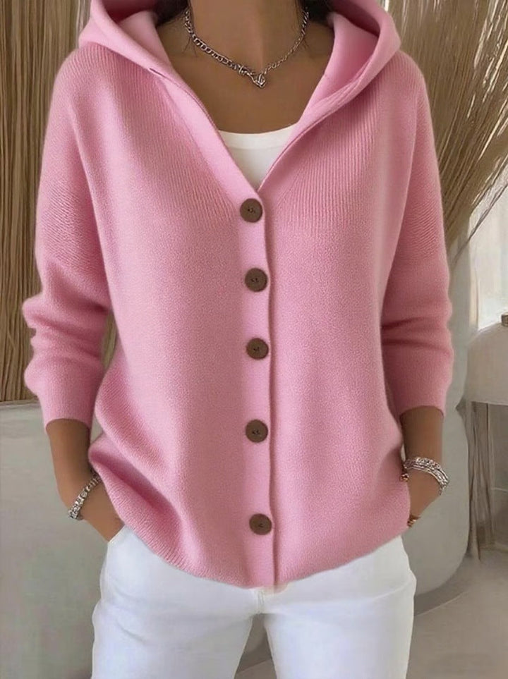 Women's hooded button cardigan with long sleeves and contrast buttons
