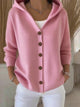 Women's hooded button cardigan with long sleeves and contrast buttons