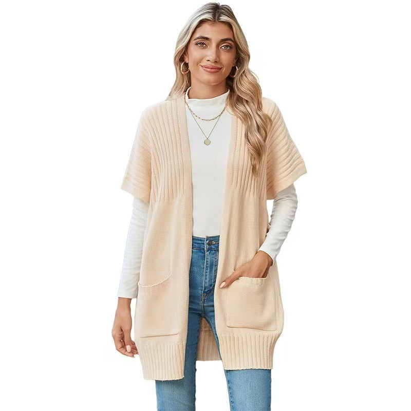 Women's open-front knit cardigan with short sleeves and pockets
