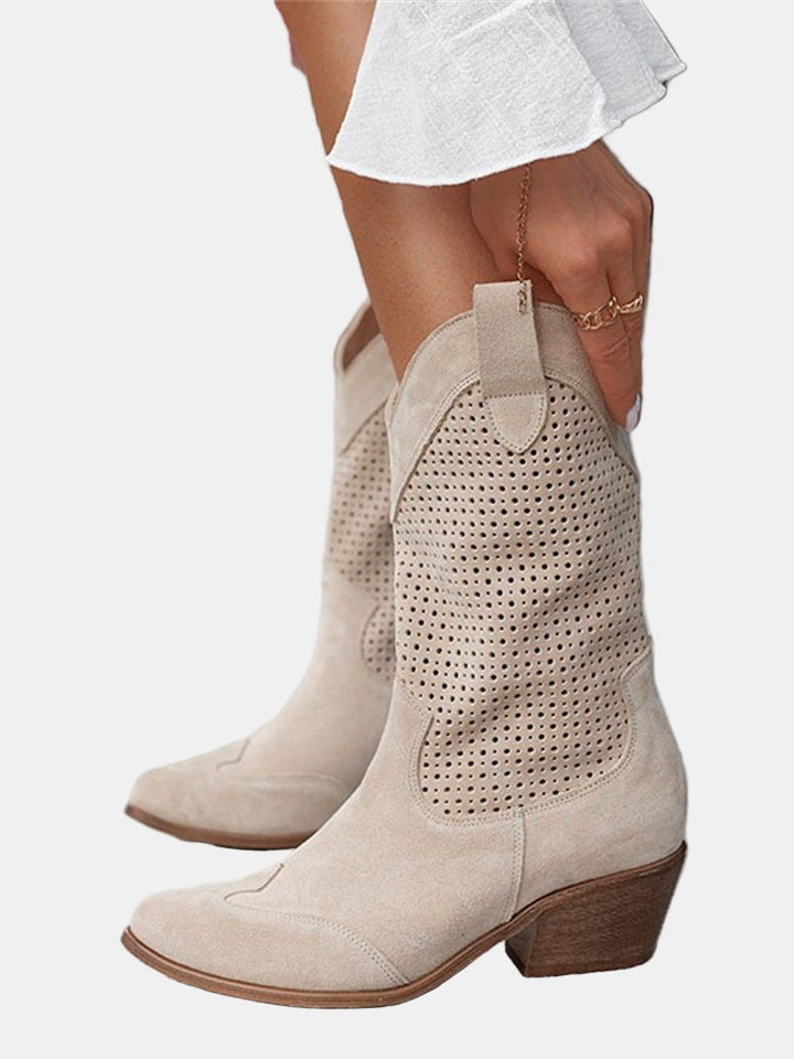 Perforated women's ankle boots with pointed toes and block heels