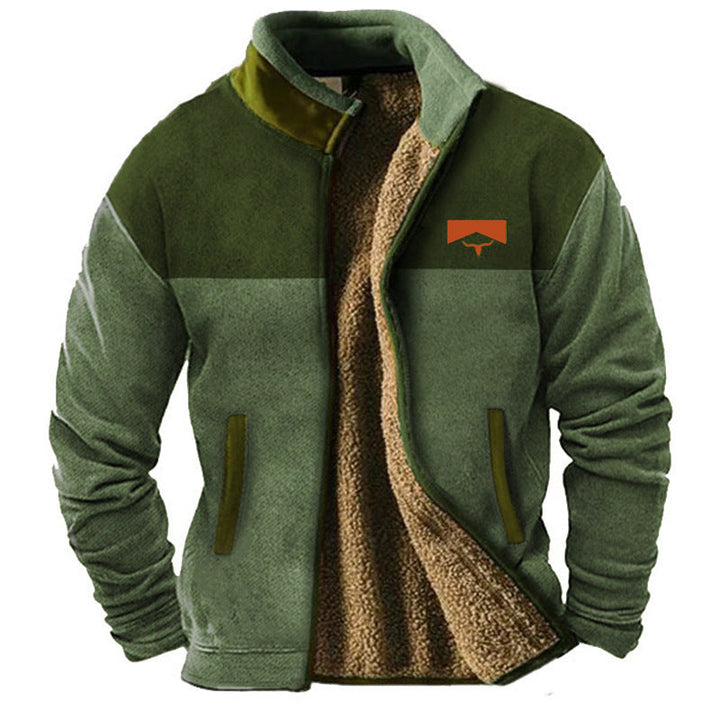 Men's fleece jacket with geometric patterned sleeves, stand collar and zip front