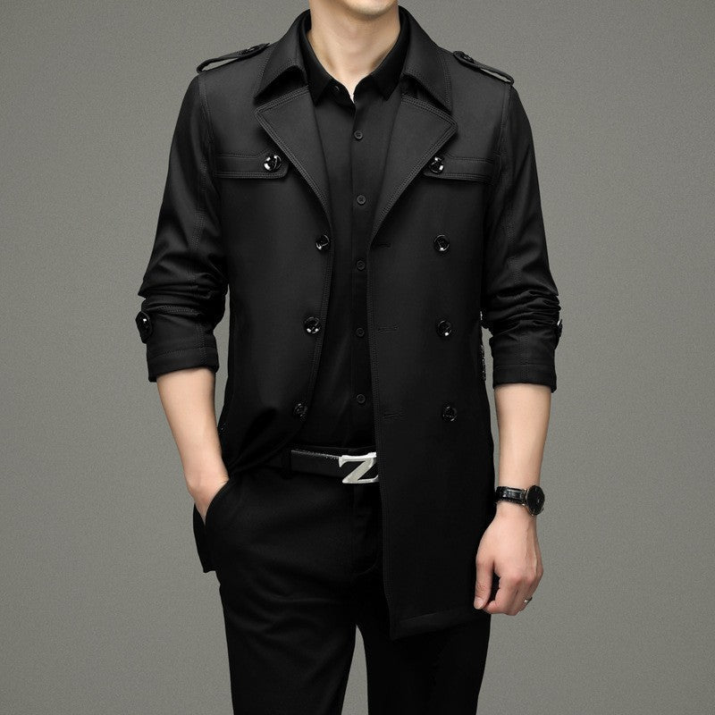 Men's double-breasted trench coat with notched collar, shoulder tabs and flap pockets