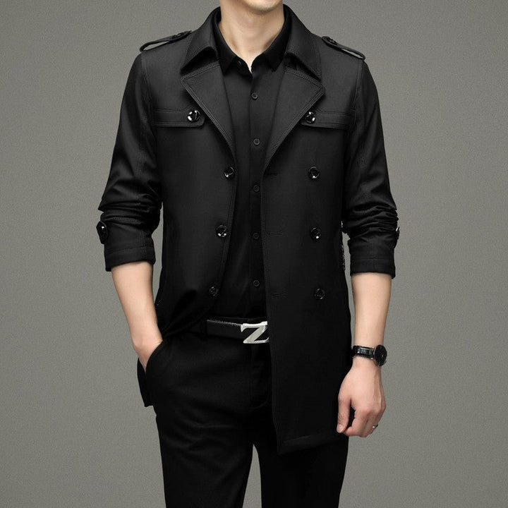 Men's double-breasted trench coat with notched collar, shoulder tabs and flap pockets
