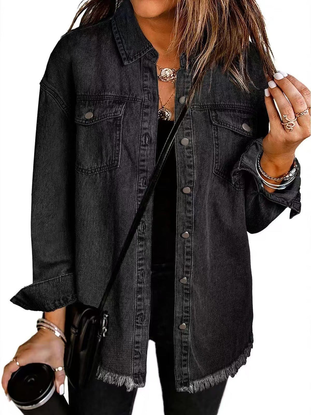 Women's denim jacket with chest pockets and frayed hem