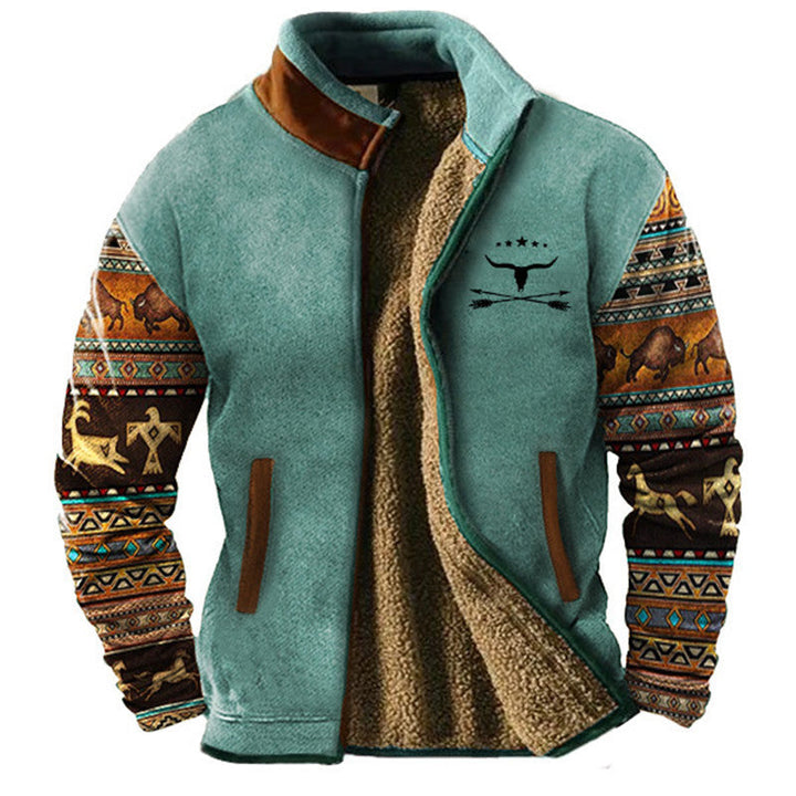 Men's fleece jacket with geometric patterned sleeves, stand collar and zip front