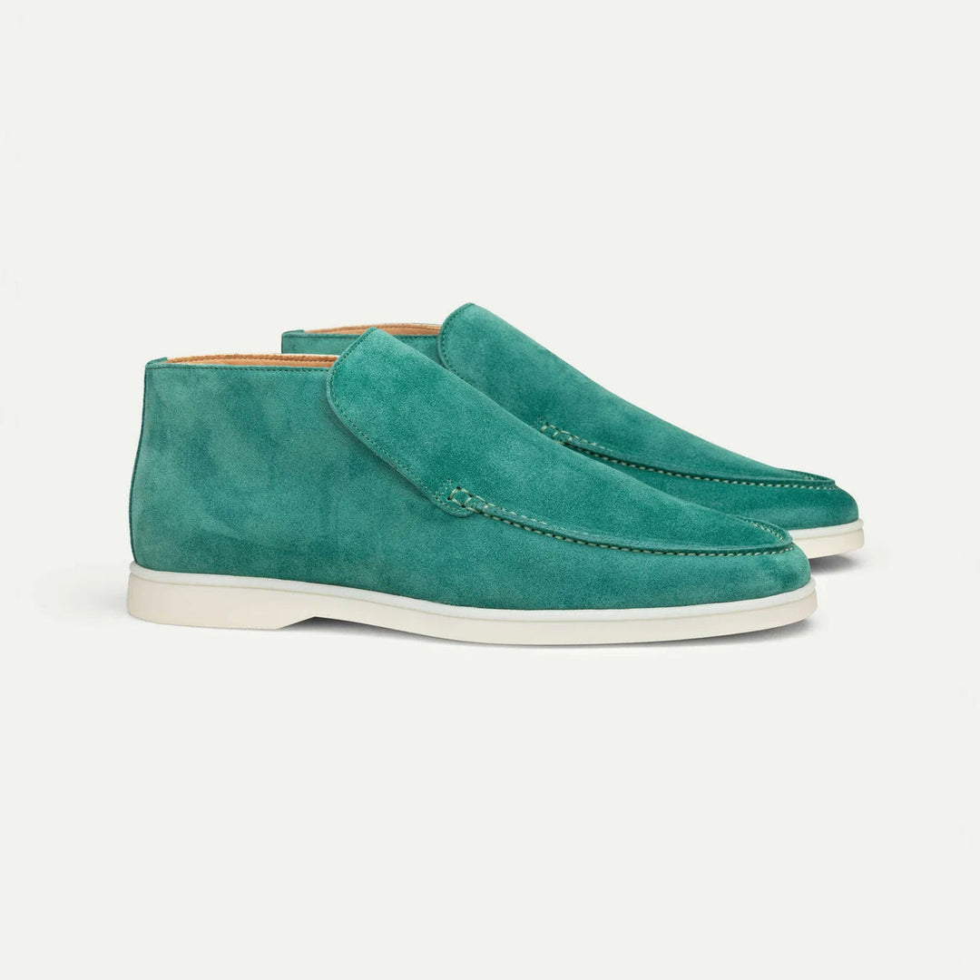 Taupe suede loafer boot with cream rubber sole, slip-on design