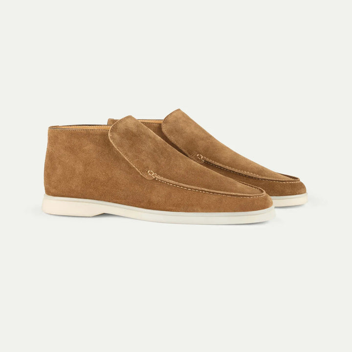 Taupe suede loafer boot with cream rubber sole, slip-on design