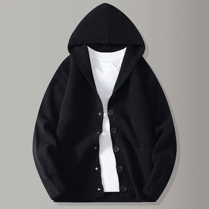 Hooded knit cardigan with button front and patch pockets
