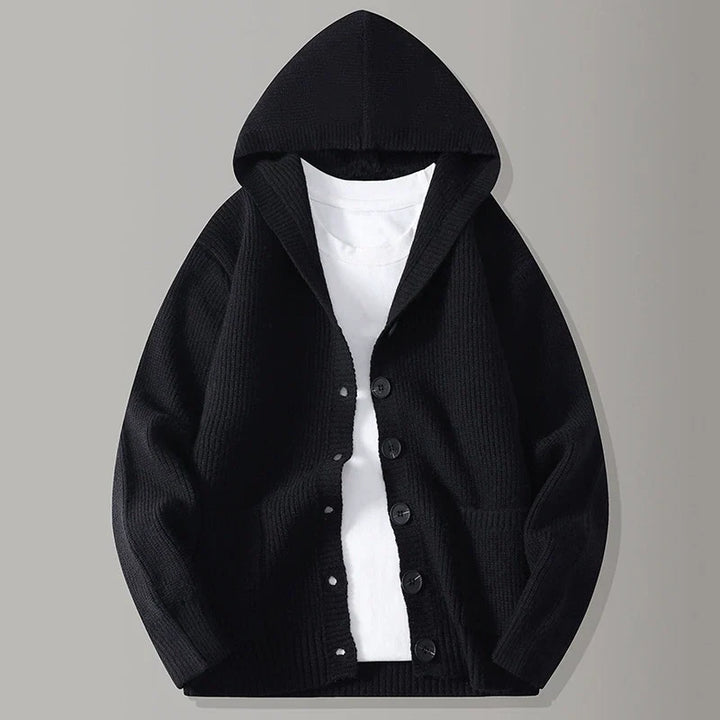 Hooded knit cardigan with button front and patch pockets