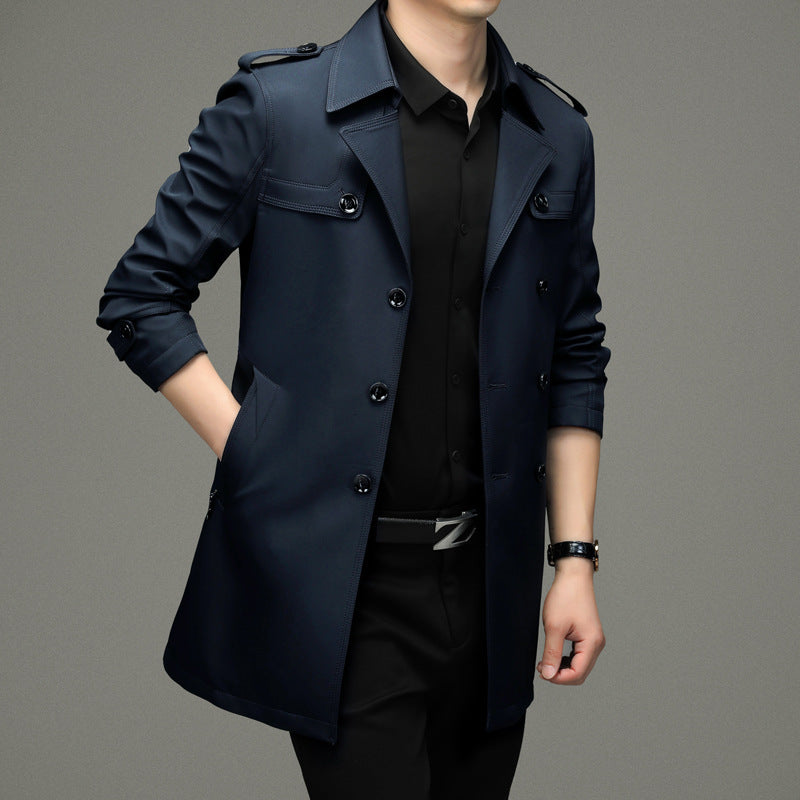 Men's double-breasted trench coat with notched collar, shoulder tabs and flap pockets