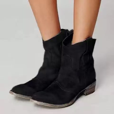 Women's suede western ankle boots with pull-on tabs and low heels