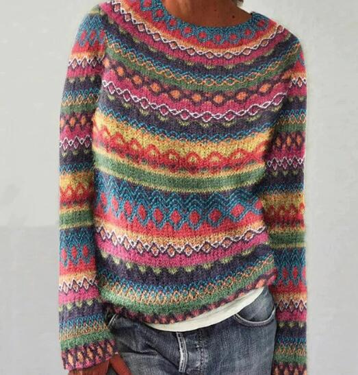 Women's multicoloured striped crew neck jumper with long sleeves and ribbed trims