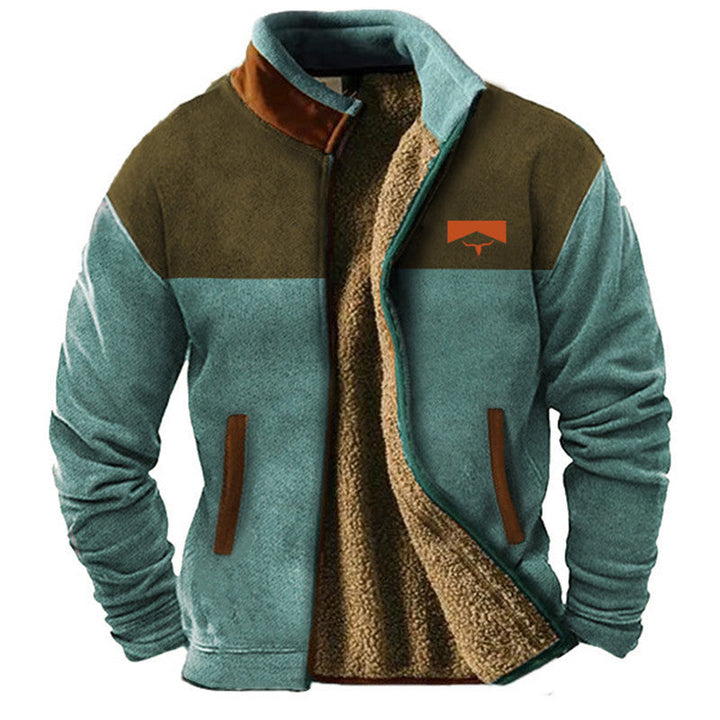 Men's fleece jacket with geometric patterned sleeves, stand collar and zip front