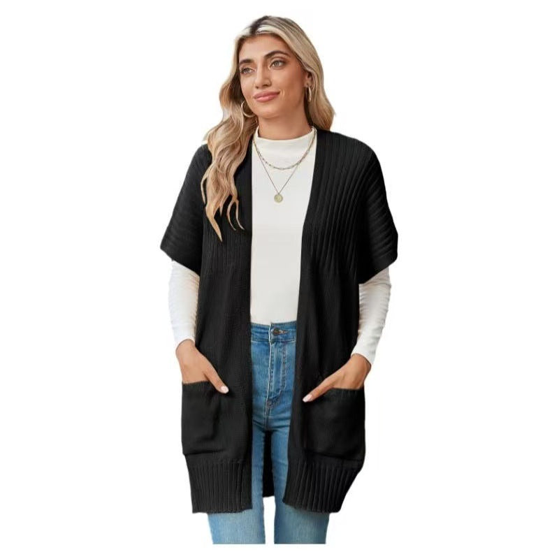 Women's open-front knit cardigan with short sleeves and pockets