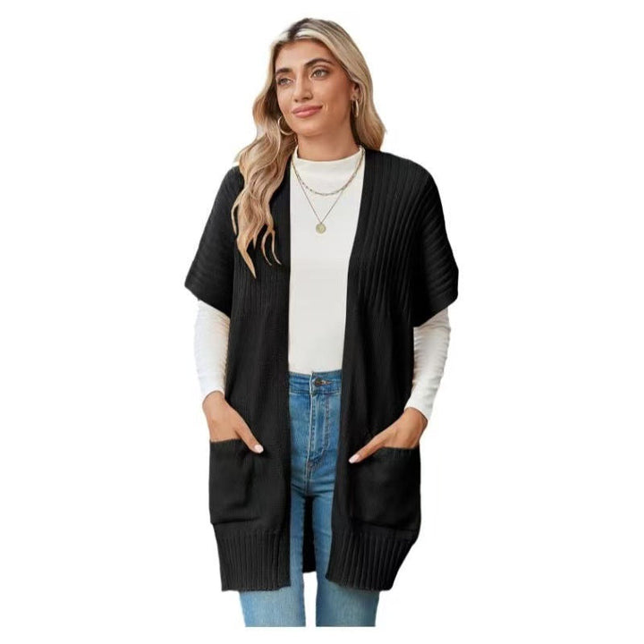 Women's open-front knit cardigan with short sleeves and pockets