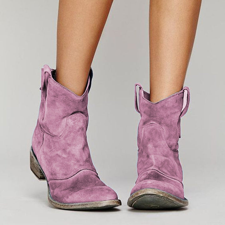 Women's suede western ankle boots with pull-on tabs and low heels