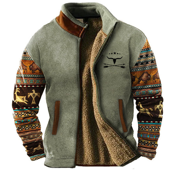 Men's fleece jacket with geometric patterned sleeves, stand collar and zip front